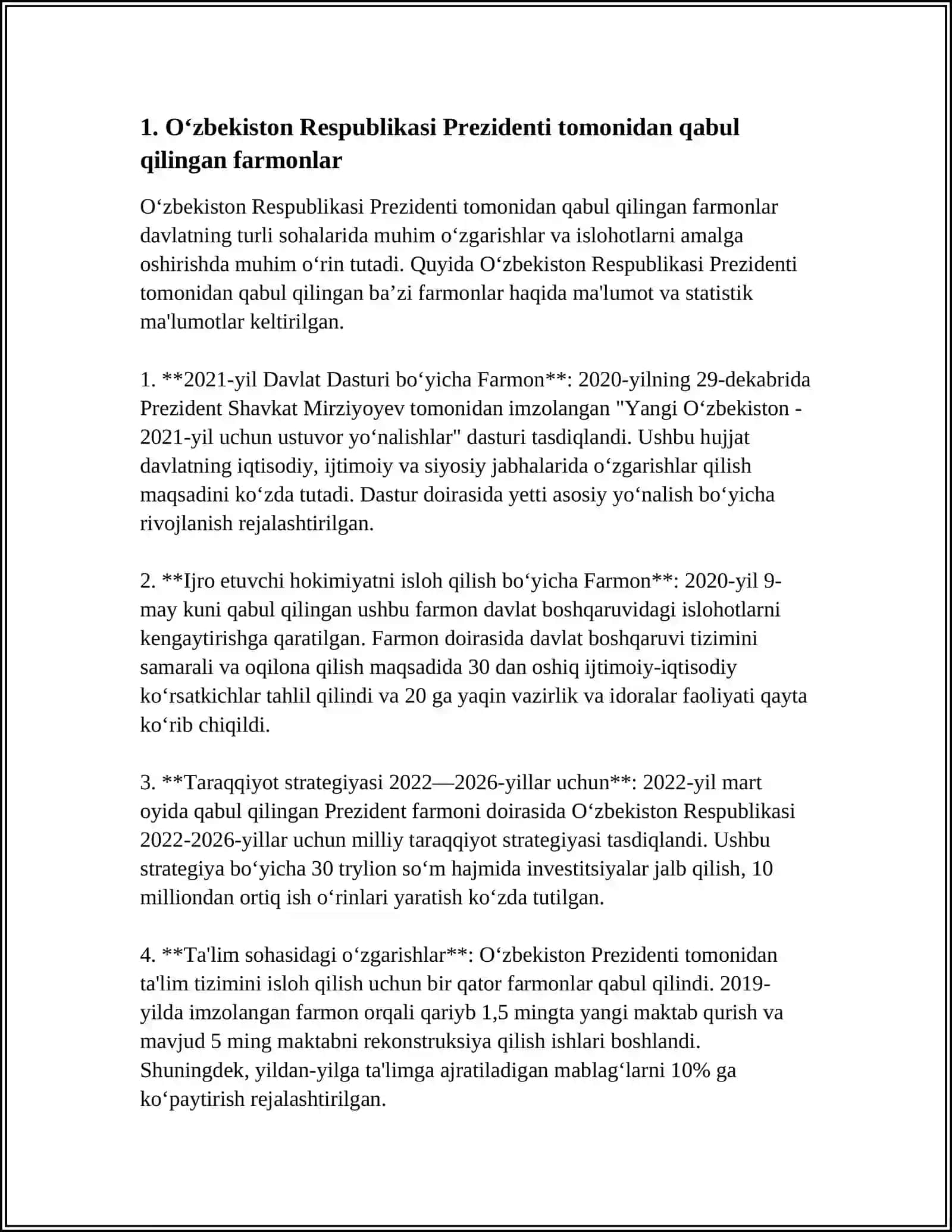 MUSTAQIL ISH Mavzu: O‘ZBEKISTON RESPUBLIKASI PREZIDENTINING RETSEPTURAGA ASOSLANGAN QONUN VA FARMOYISHLARI 3