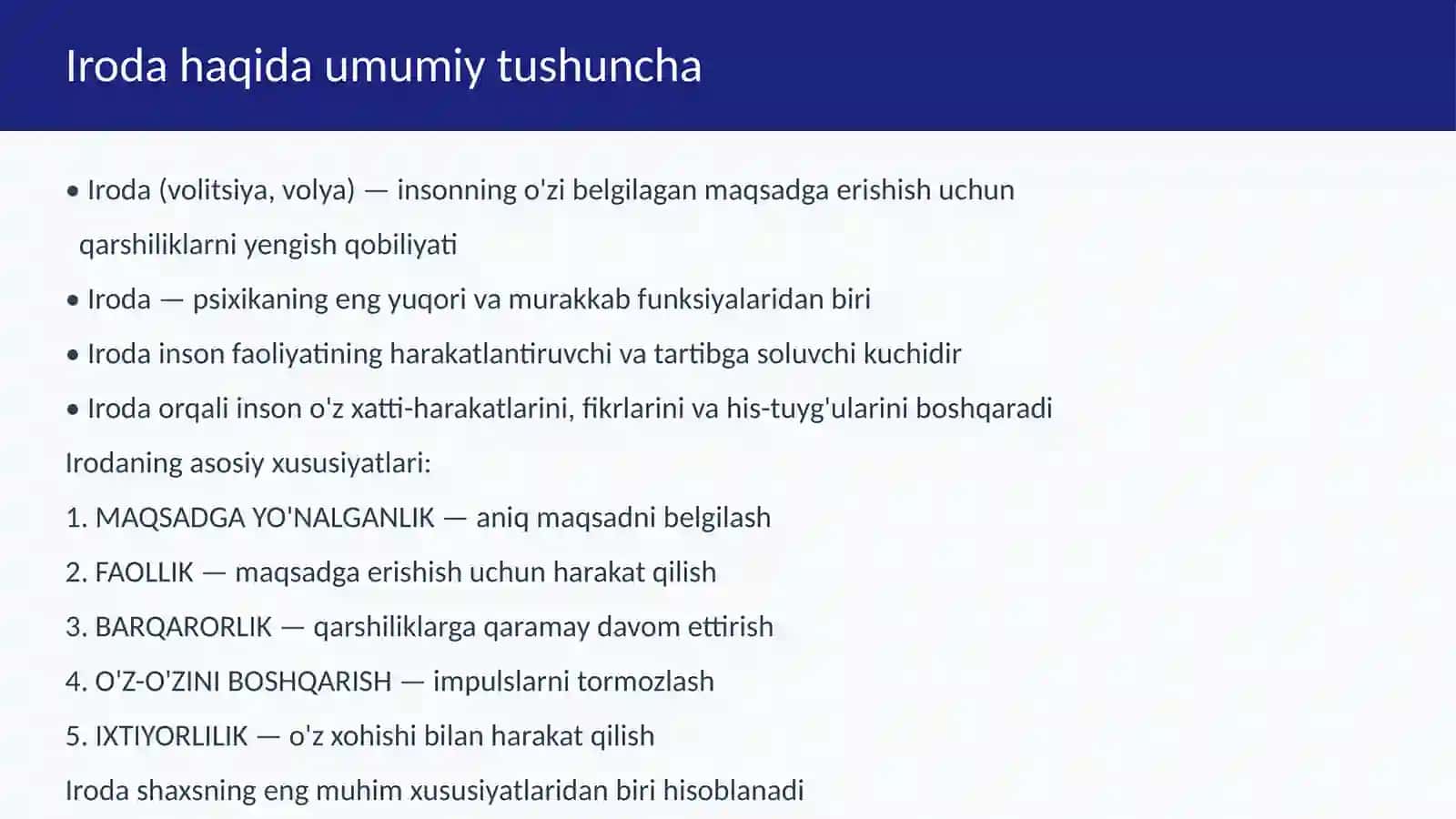 Shaxsning irodaviy sifatlari. Irodaning individual xususiyatlari. Irodani tarbiyalash 3
