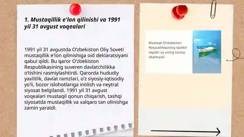 Mustaqil O'zbekiston Respublikasi tashkil topishining tarixiy ahamiyati. O'zbekistonning o'ziga xos istiqlol va taraqqiyot yo'li 3