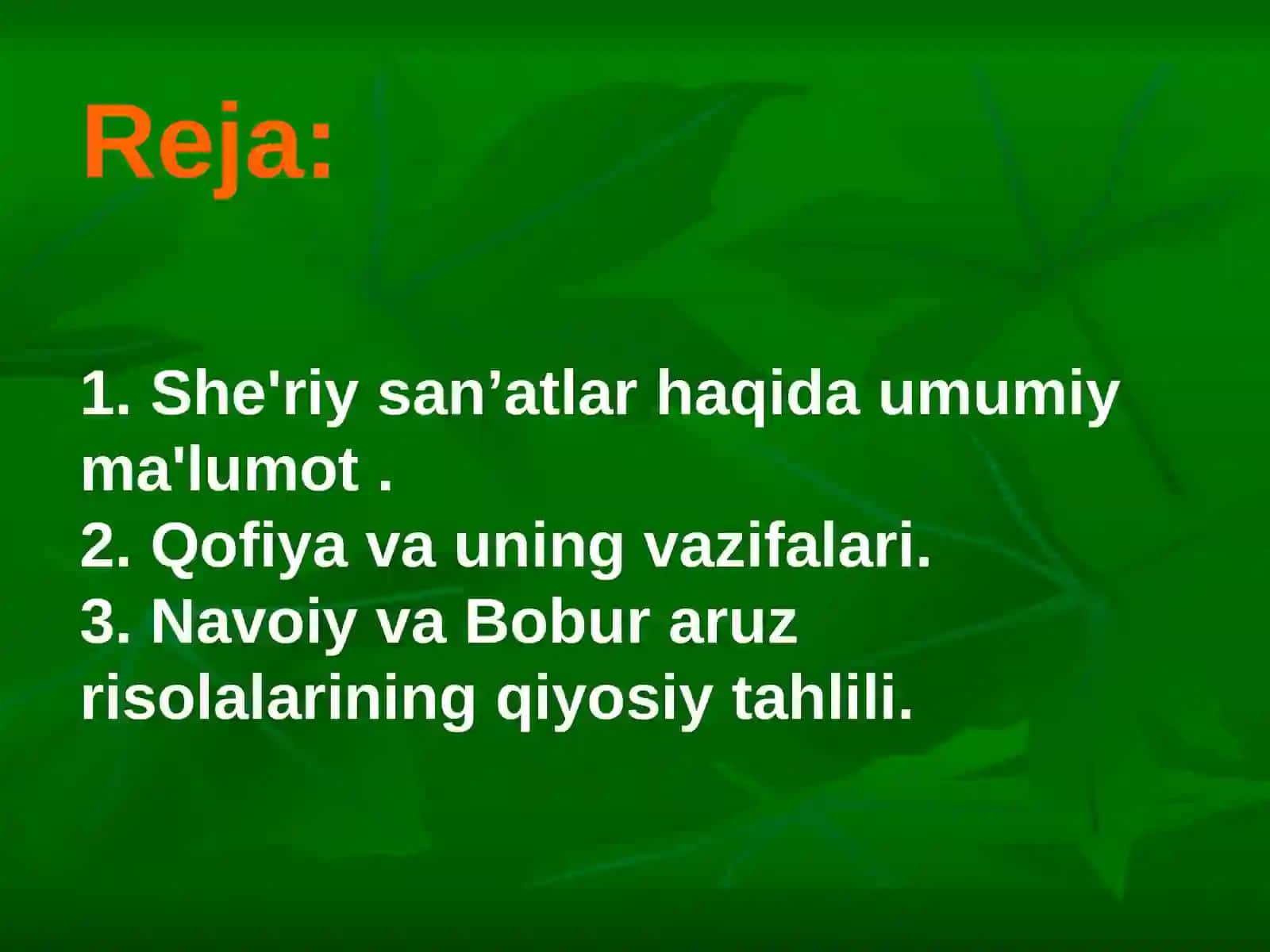 Badiiy she’riy san’atlar tasnifi va tavsifi: lafziy va ma’naviy san’atlar. Atoulloh Husayniy asarida badiiy san’atlar tasnifi va xususiyatlari. Qofiya va uning vazifalari: mumtoz qofiya nazariyasi, qofiya san’atlari, qofiya tizimi, qofiya tartibi, qofiya tirgovichlari. Navoiy va Boburning aruz risolalarining qiyosiy tahlili 3