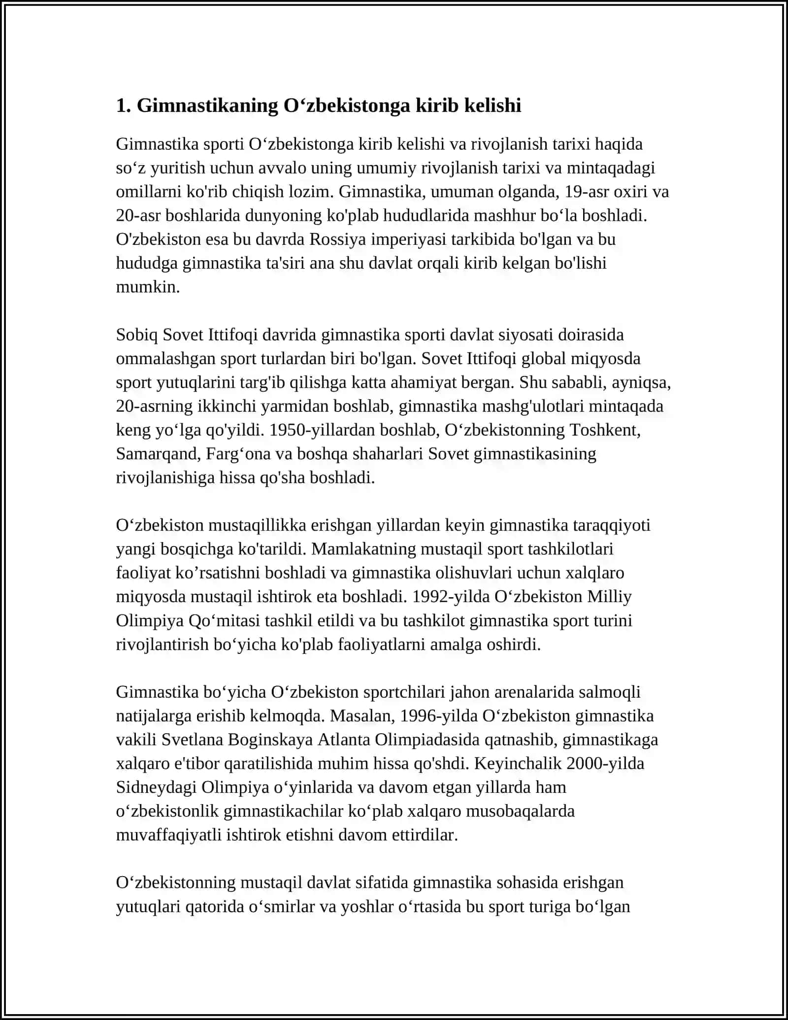 MUSTAQIL ISH Mavzu: OʻZBEKISTONDA GIMNASTIKANING RIVOJLANISHI TARIXI 3