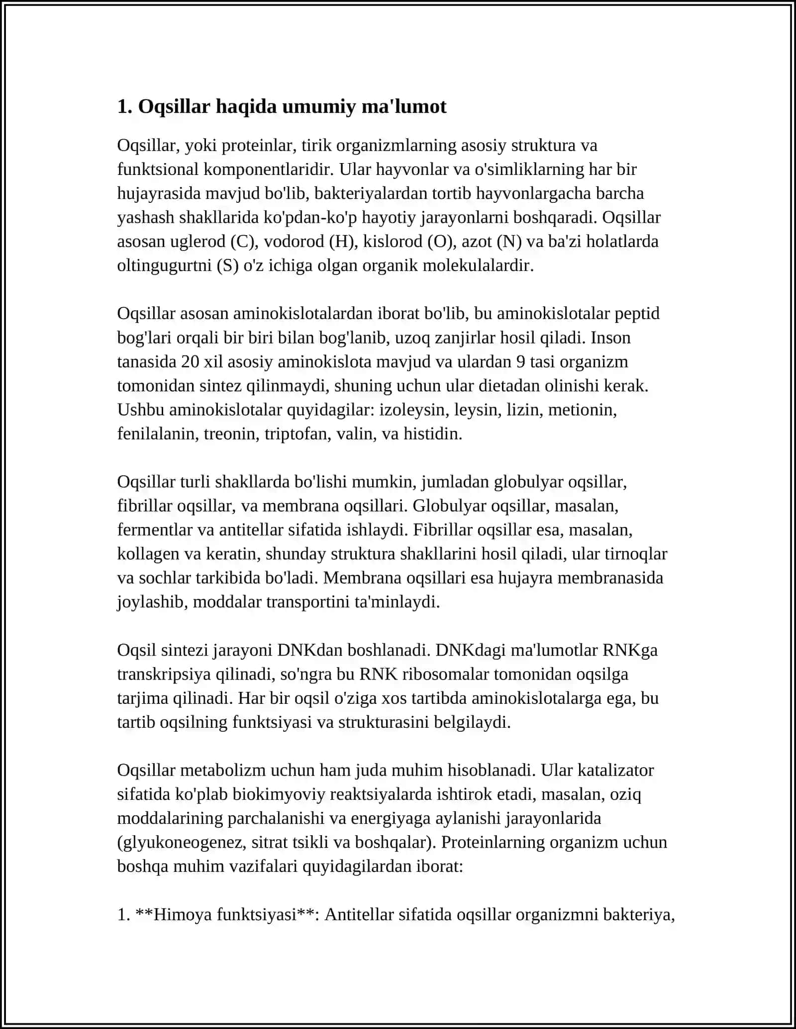 Oqsillarning Elementar Tarkibi va ularning a'zo hamda to'qimalardagi miqdori 3