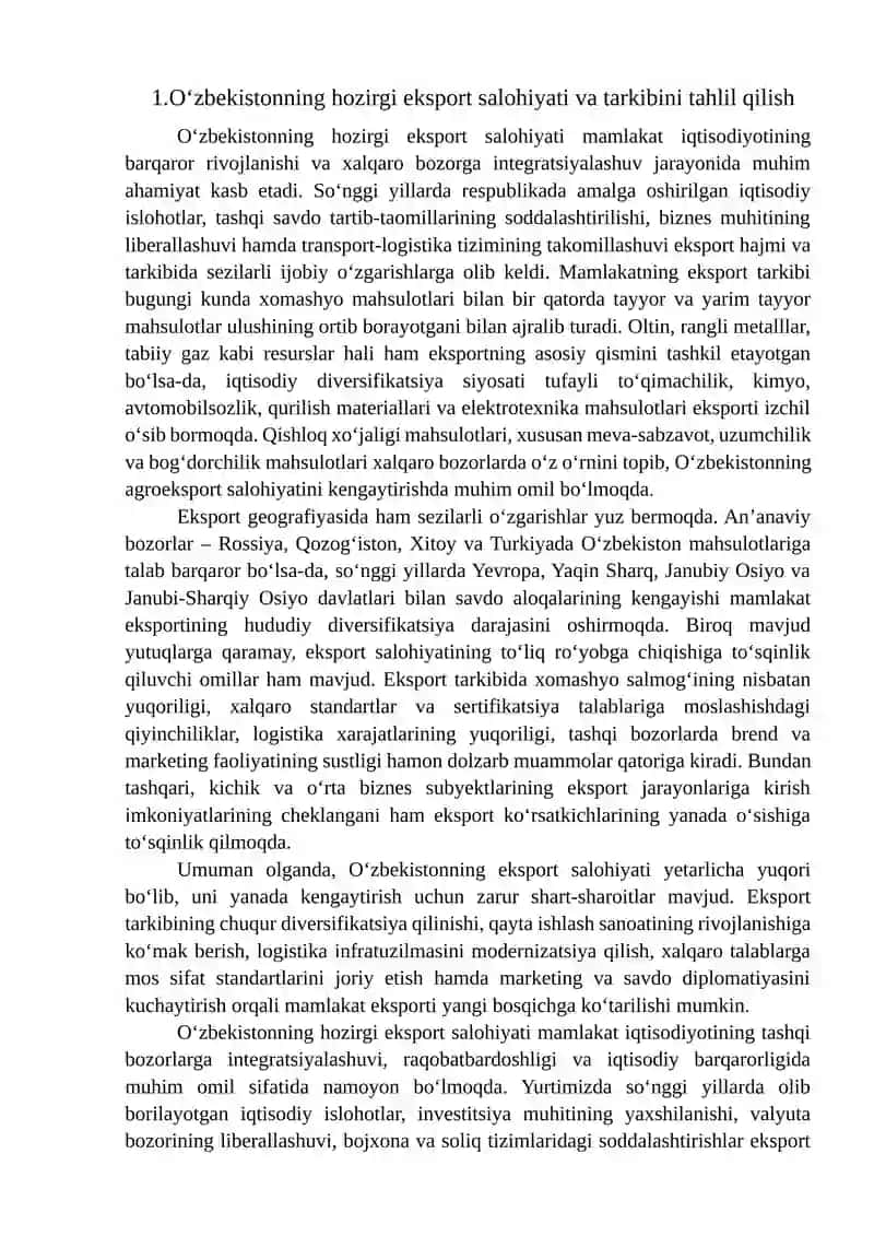 O'zbekistoning eksport salohiyatini oshirish bo'yicha takliflar ishlab chiqish 3