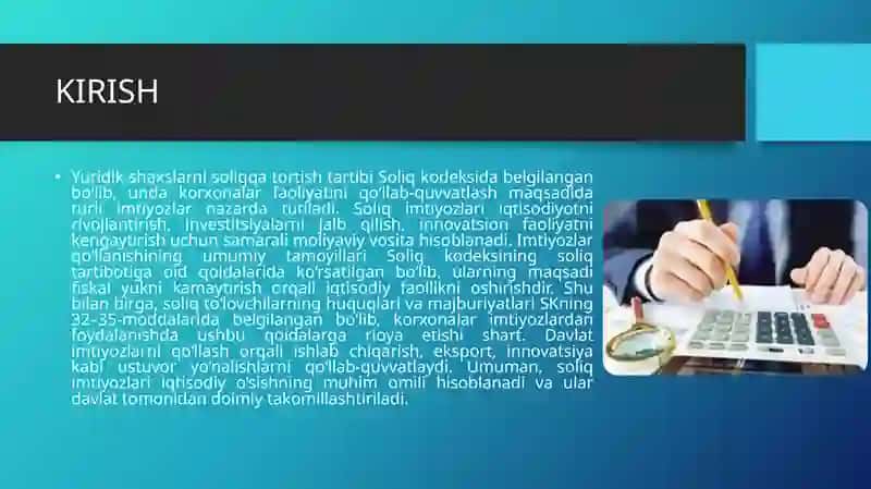 YURIDIK SHAXSLARNI SOLIQQA TORTISHDA IMTIYOZLARDAN FOYDALANISH 3