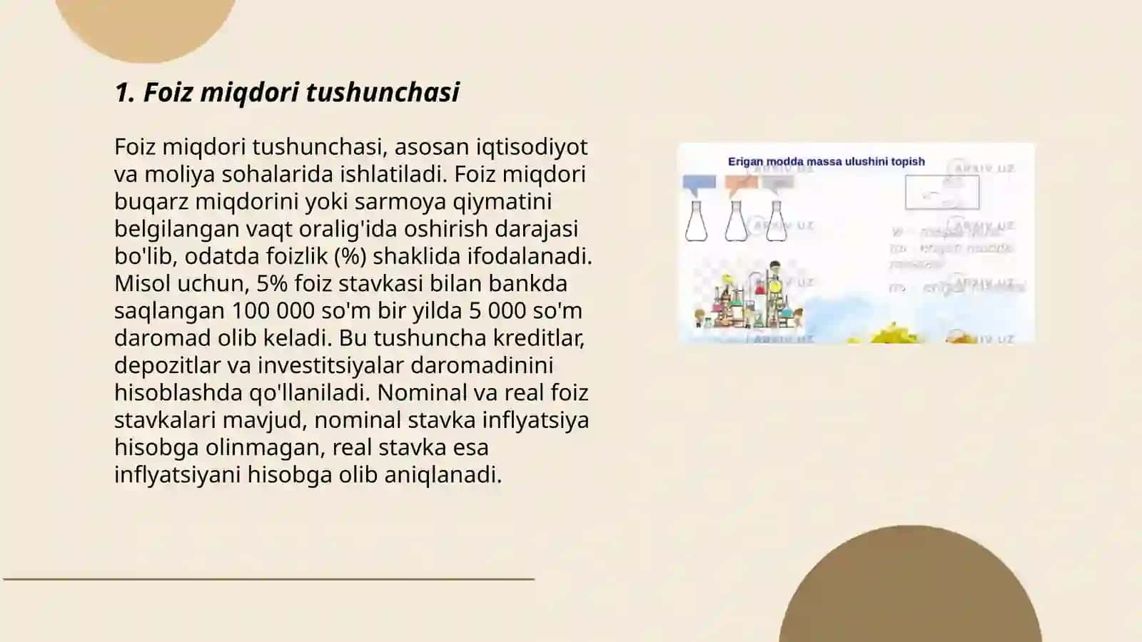 Eritmаdаgi erigаn mоddаning mаssа ulushini аniqlаsh. Fоizli kоnsеntrаsiyagа dоir hisoblashlаr 3