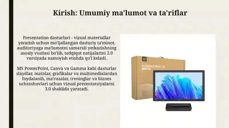 Taqdimotlar yaratish dasturlari MS Power Point canva, gamma haqida umumiy malumot VA vazifalari 3