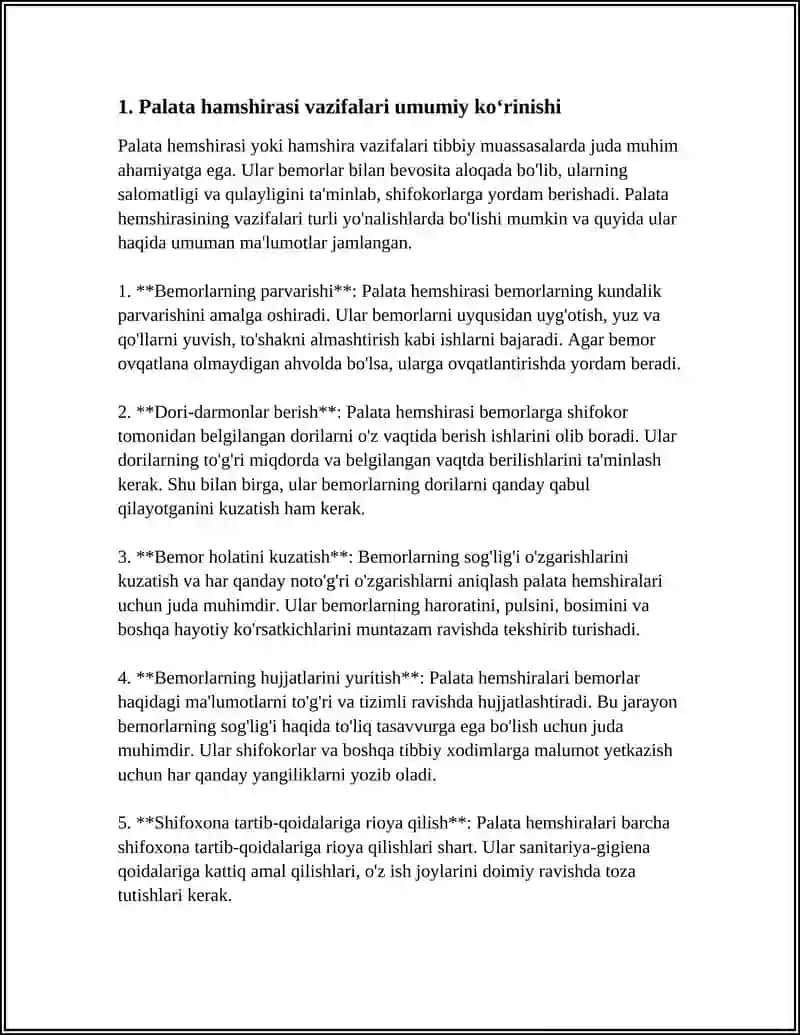 REFERAT Mavzu: PALATA HAMSHIRASI VAZIFALARI 3