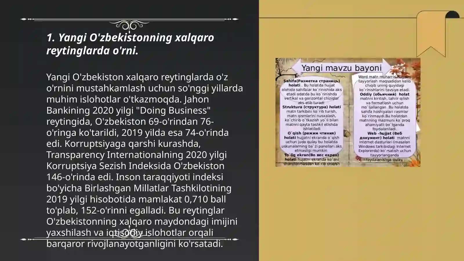 Yangi O'zbekiston itimoiy-siyosiy, iqtisodiy va madaniy hayotida ro'y berayotgan o'zgarishlarning xalqaro reyting va indekslarda aks etishi 3
