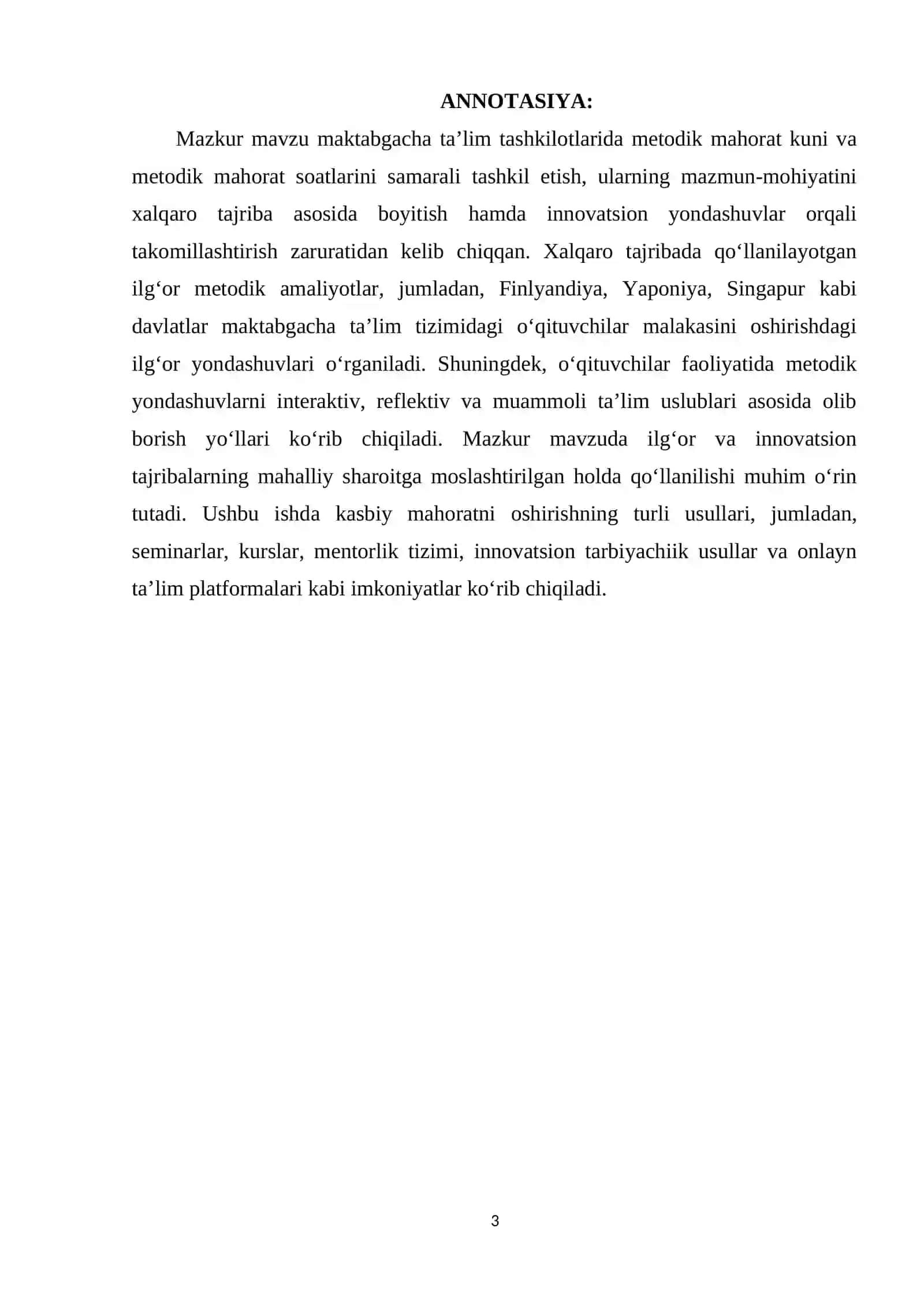 “Maktabgacha ta’lim tashkilotlarida metodik mahorat kuni va metodik mahorat soatlarini tashkil etishda xalqaro tajriba va innovatsion usullardan foydalanish” mavzusidagi Malaka ishi 3