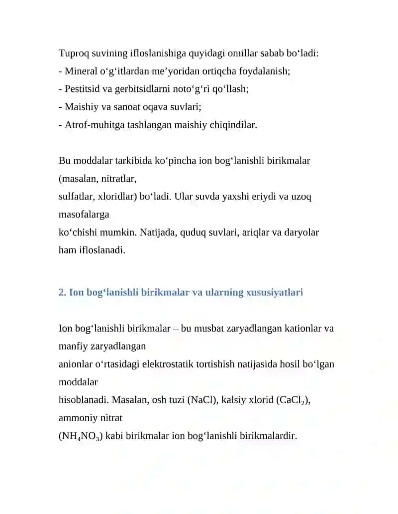 Tuproq suvining ifloslanishida ion bog'lanishli birikmalarni aniqlash va ularni tozalash 3