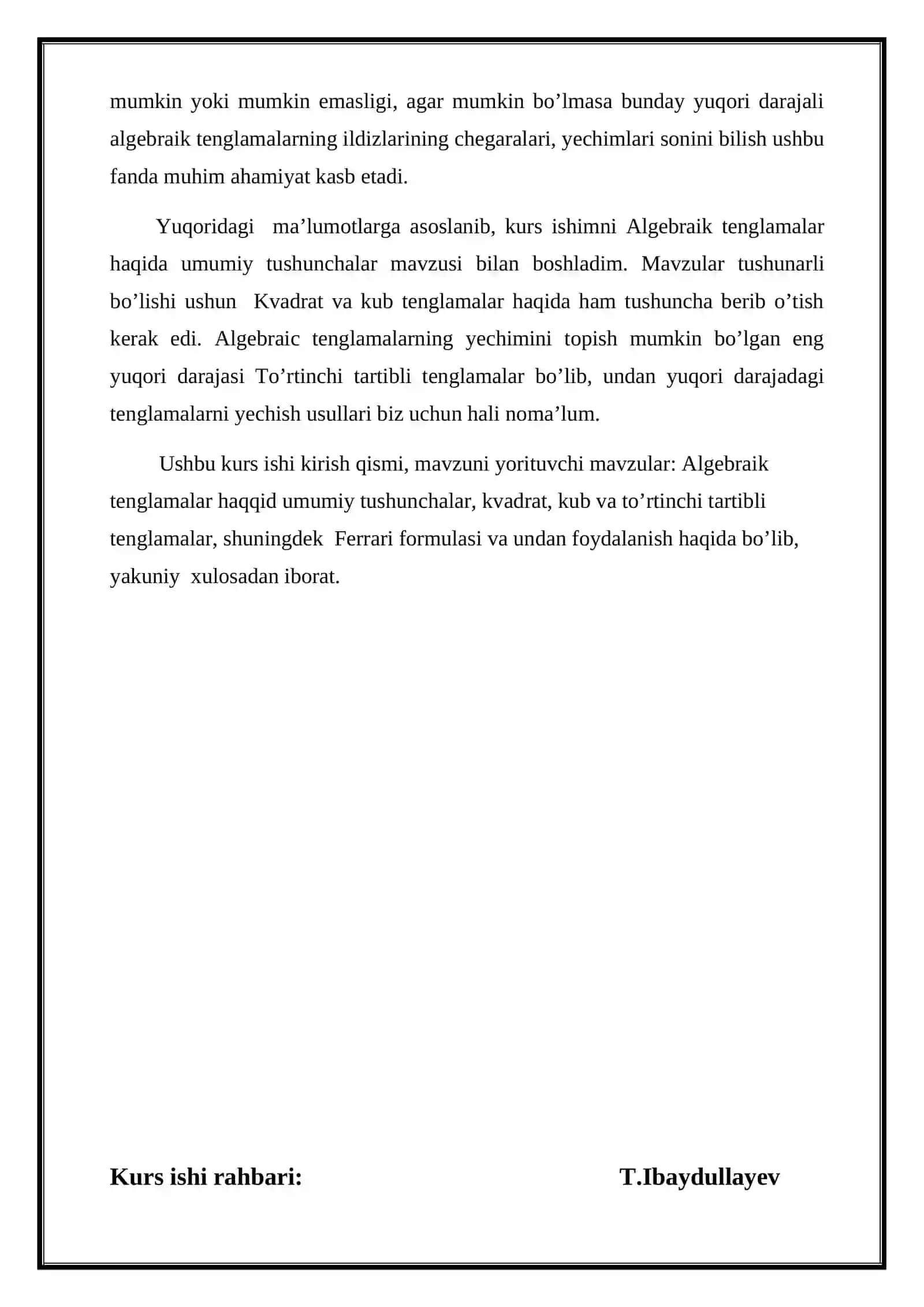 ALGEBRA VA SONLAR NAZARIYASI fanidan "TO’RTINCHI TARTIBLI TENGLAMALAR. FERRARI FORMULASI” kurs ishi 3