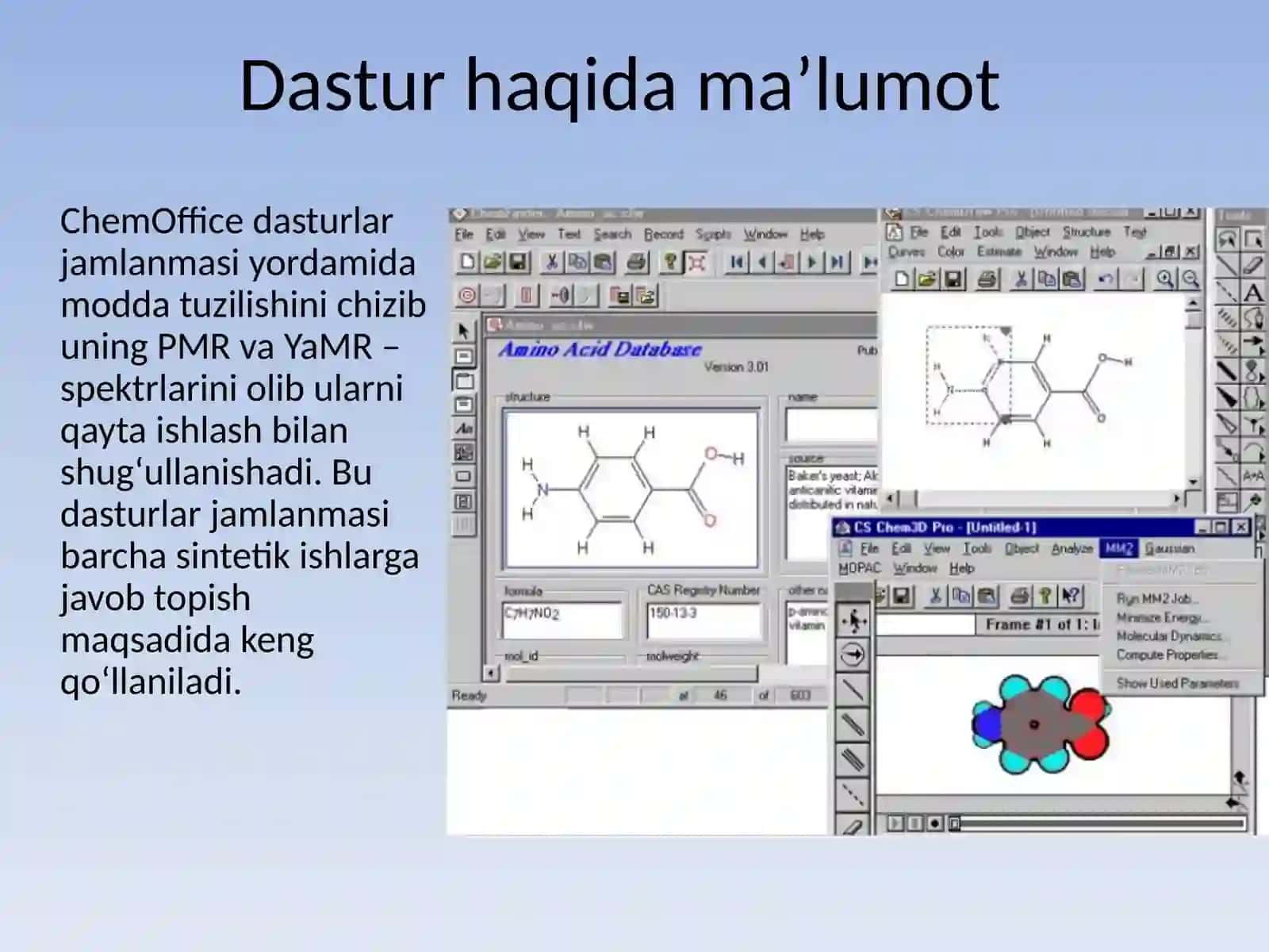 ChemOffice dasturida kimyoviy birikmalarninig uch o’lchamli tasvirini yaratish 3