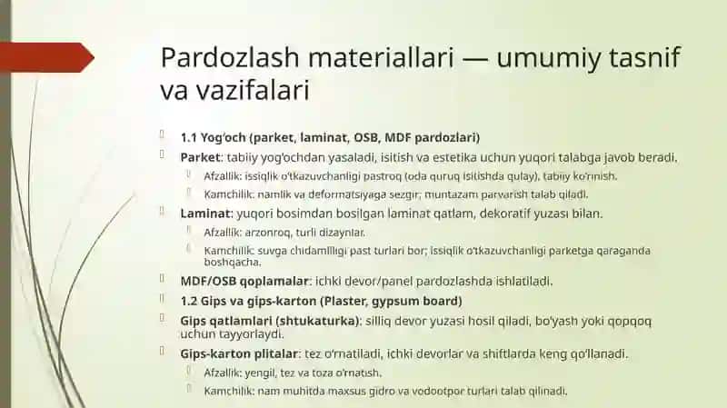 Pardozlash va issiqlik izolyatsiya materiallarining turlari 3