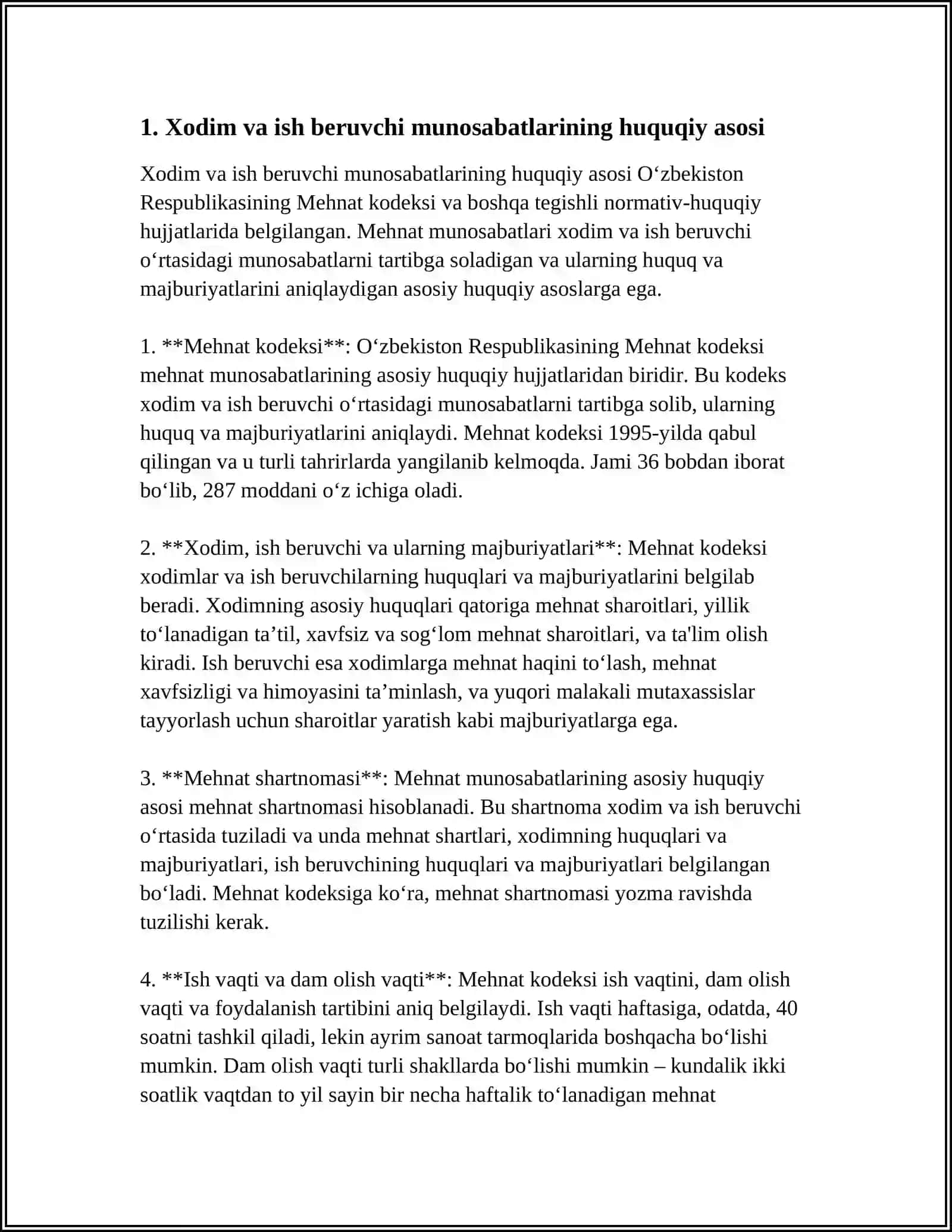 MUSTAQIL ISH Mavzu: XODIMLAR VA ISH BERUVCHILARNING O'ZARO MUNOSABATI 3