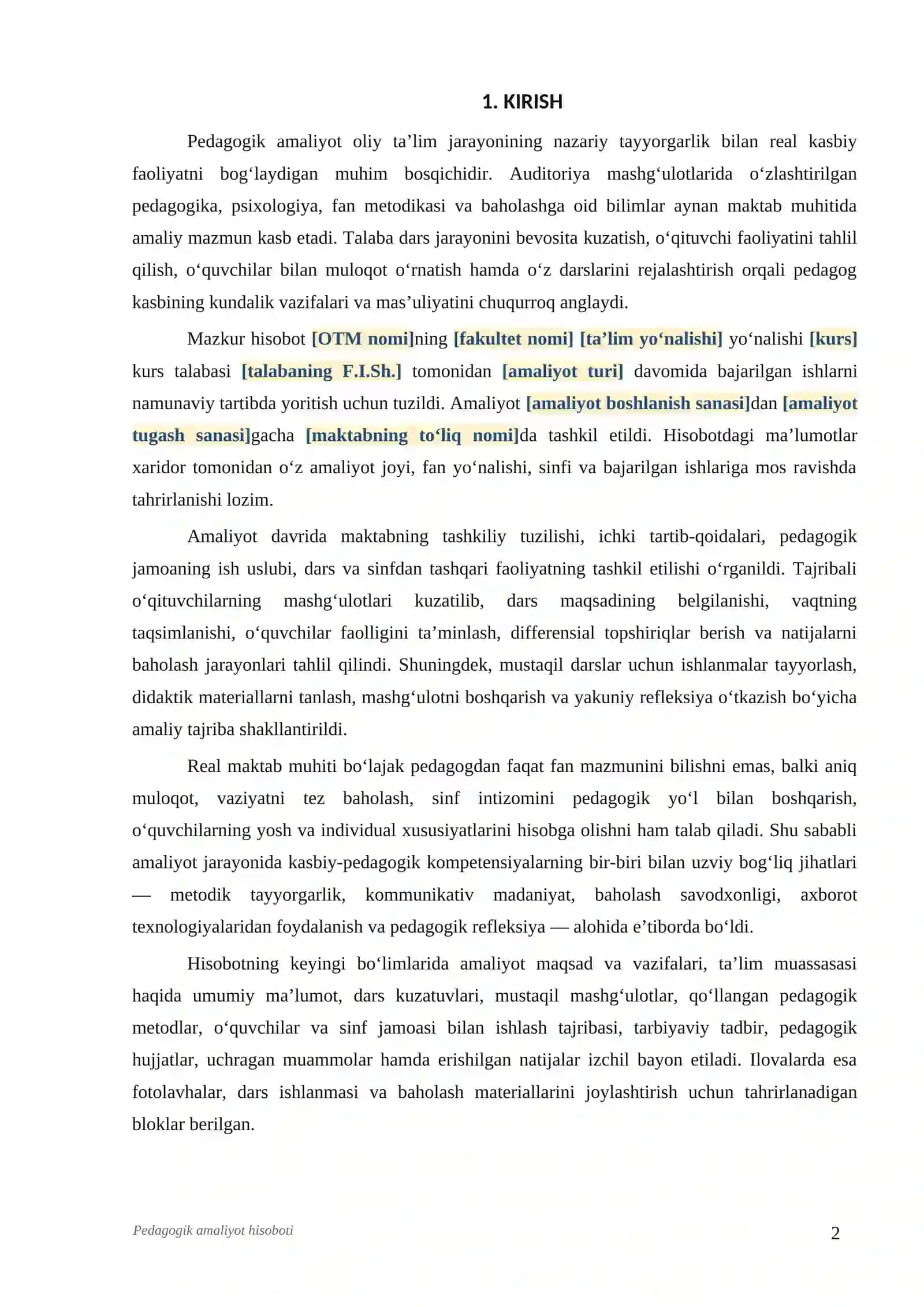Pedagogik amaliyot hisoboti | Talabalar uchun tayyor Word namuna | DOCX 3
