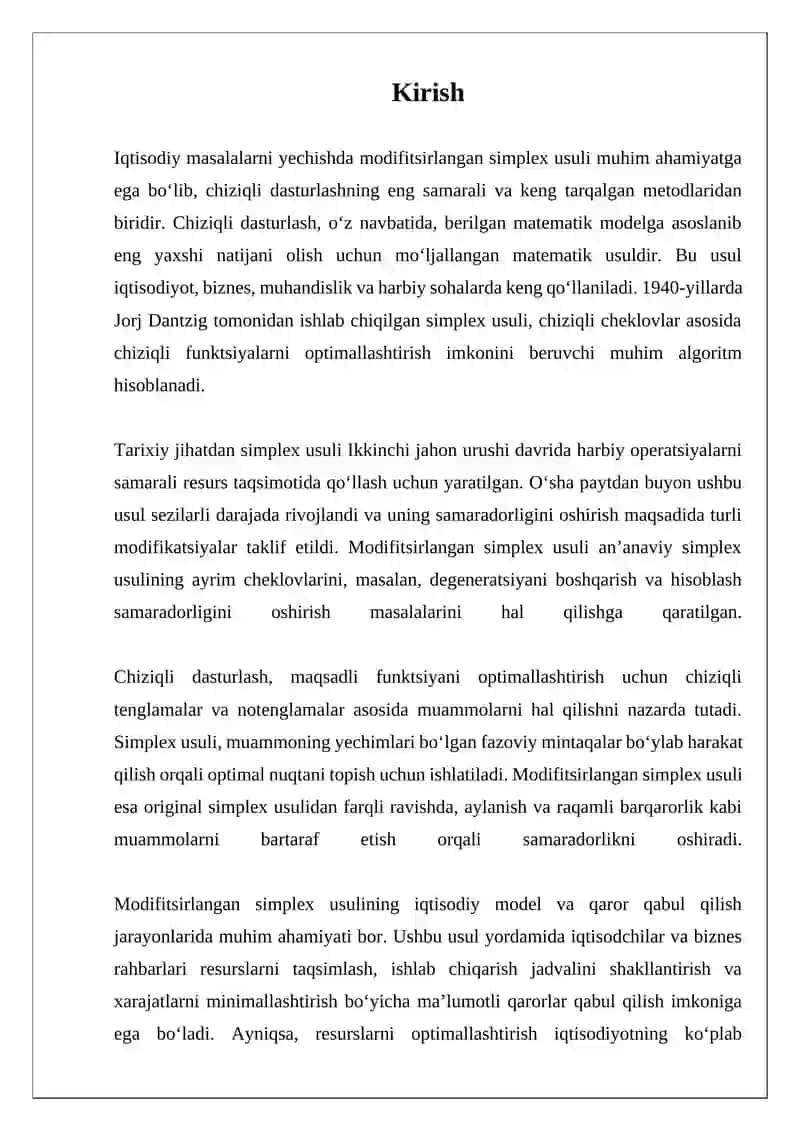 Iqtisodiy masalalarni simplekis usulda yechis modifitsirlangan simplekis usul xos chiziqli programmalashtirish masalasi 3