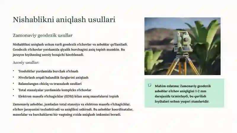 Berilgan nishablik bo'yicha chiziq yasash va loyihani joyga ko'chirish usullari 3