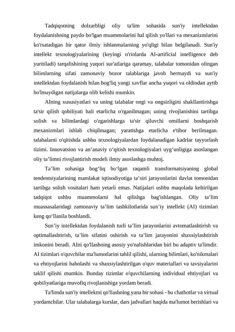 OLIY TA'LIM MUASSASALARIDA IQTISODIYOT FANINI O'QITISHDA SUN’IY INTELLEKT TEXNOLOGIYALARIDAN FOYDALANISH METODIKASI 3