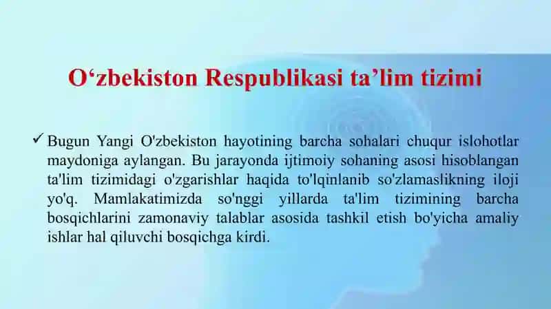 O‘zbekiston Respublikasida ta’lim tizimini rivojlantiris konsepsiyasi mavzusida taqdimot 3