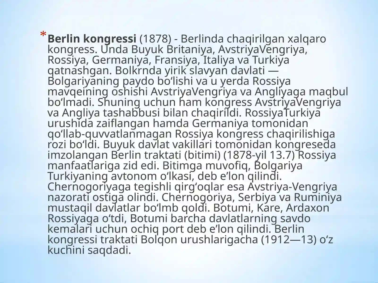 Berlinkongressi.Fransiya–Rossiyaittifoqi. XXasrningboshidaRossiyadagi siyosiy vaijtimoiy-iqtisodiyxolat. Rossiyada revolyusion xarakatlarning ko‘tarilishi 3