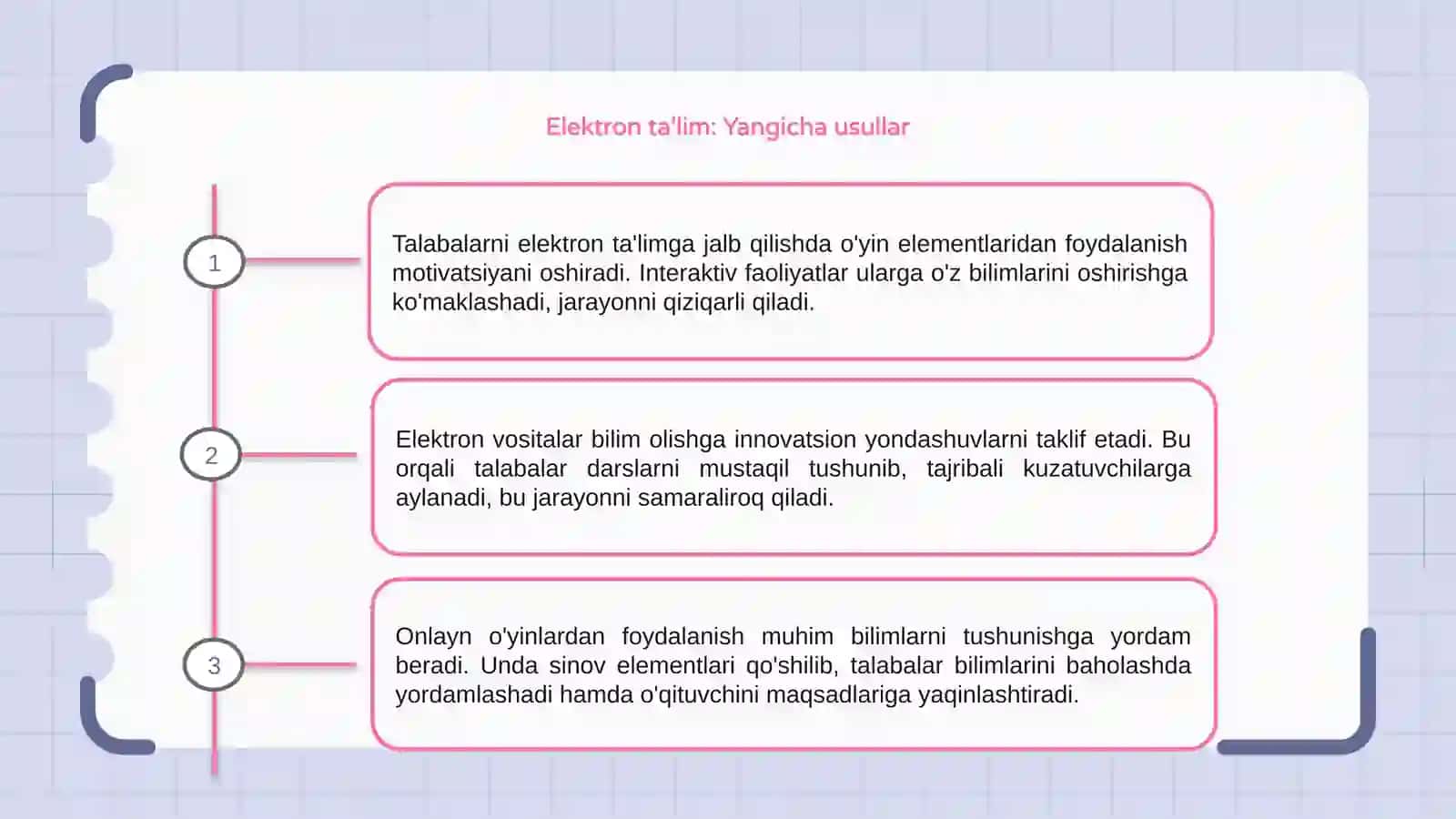 Talabalarni elektron ta'limda samarali pedagogik yondashuvlar bilan tanishtirish(Onlayn o'yin shaklida) 3