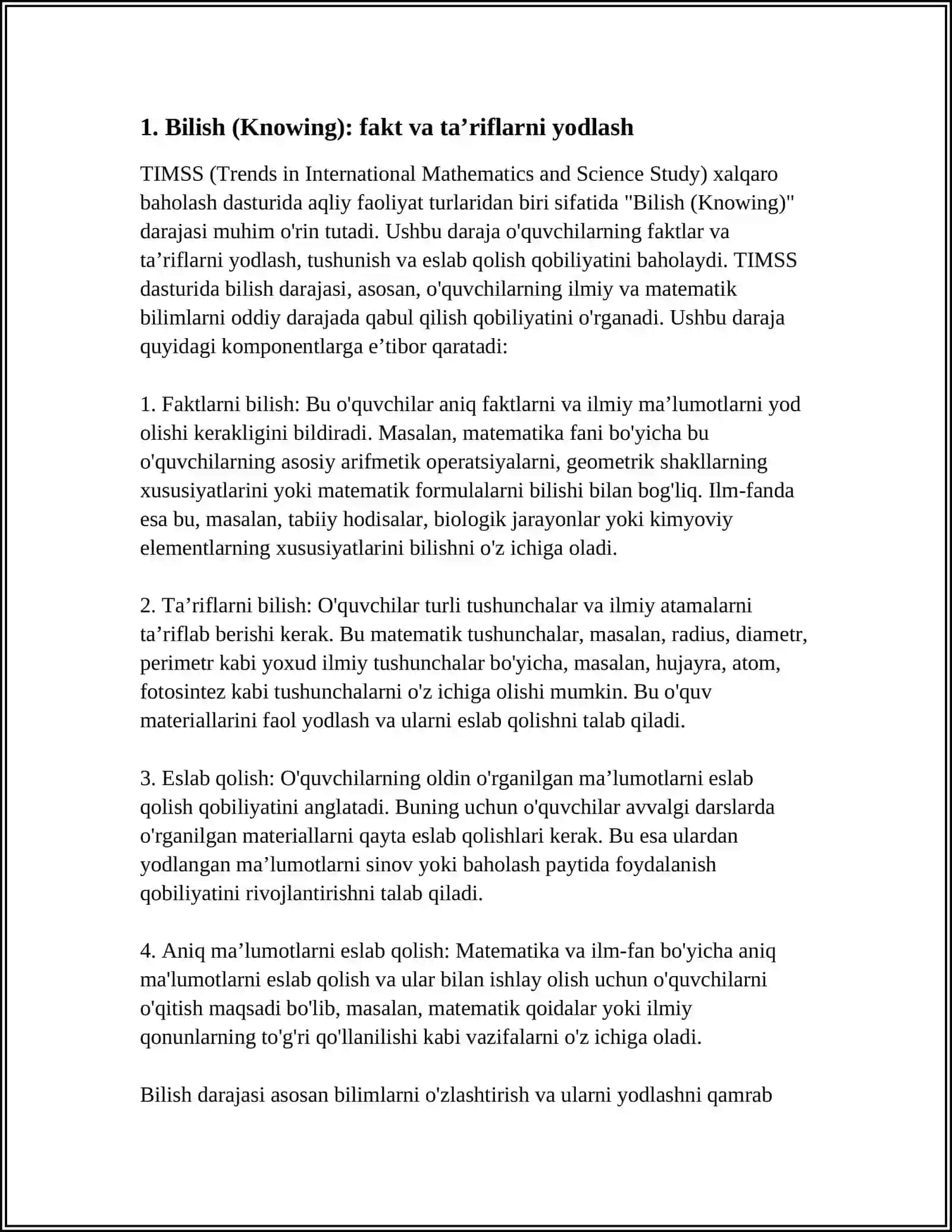 TIMSS XALQARO BAHOLASH DASTURIDA AQLIY FAOLIYAT TURLARI 3