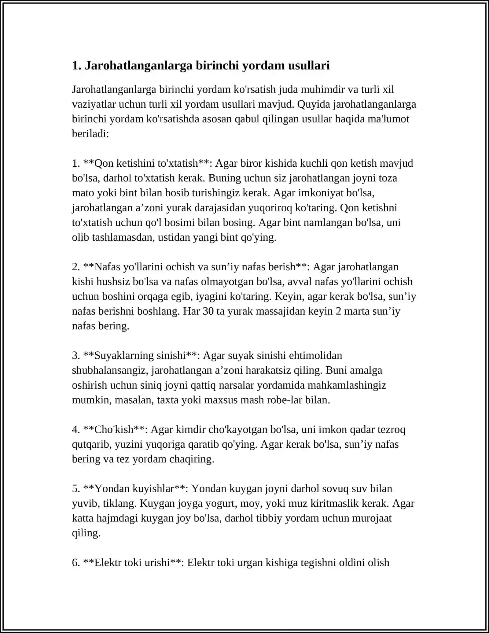 JAROXATLANGANLARGA BIRINCHI TIBBIY YORDAM KORSATISHNING AMALIY JIHATLARINI OʻRGANISH 3