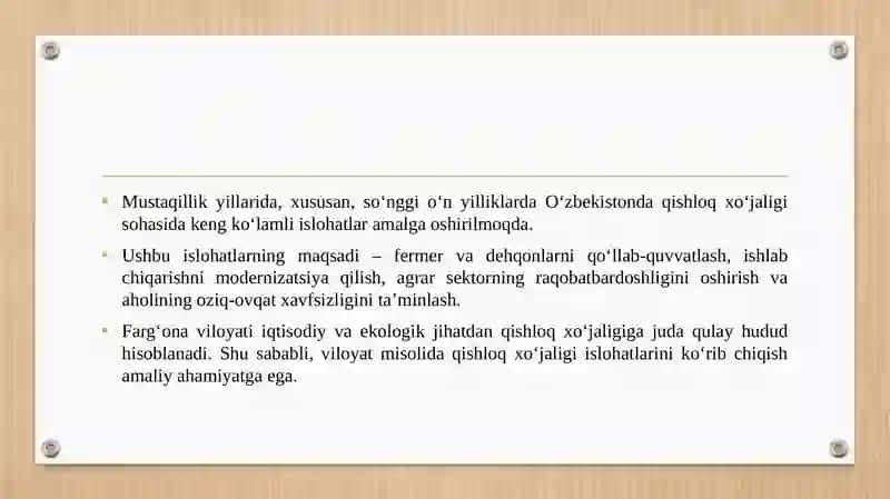 Yangi O‘zbekistonda qishloq xo‘jaligi sohasidagi islohatlar (Farg‘ona viloyati misolida) 3