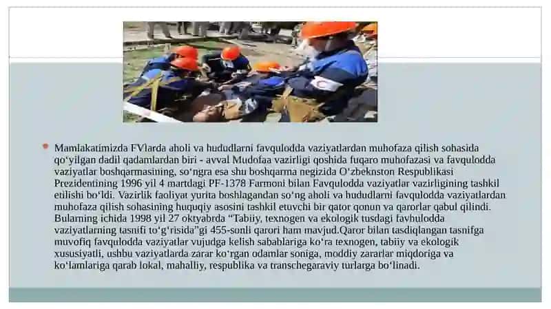 O’zbekiston Respublikasida yuzaga kelishi mumkin bo’lgan favqulodda vaziyatlar va ularni oldini olish borasidagi ishlar 3