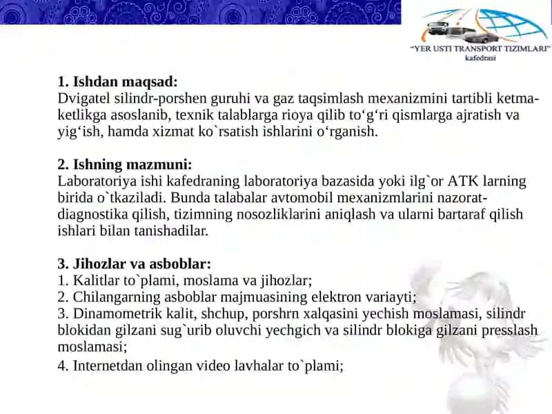Dvigatelning silindr-porshen guruhi va gaz taqsimlash mexanizmiga xizmat ko`rsatish ishlari texnologiyasi 3