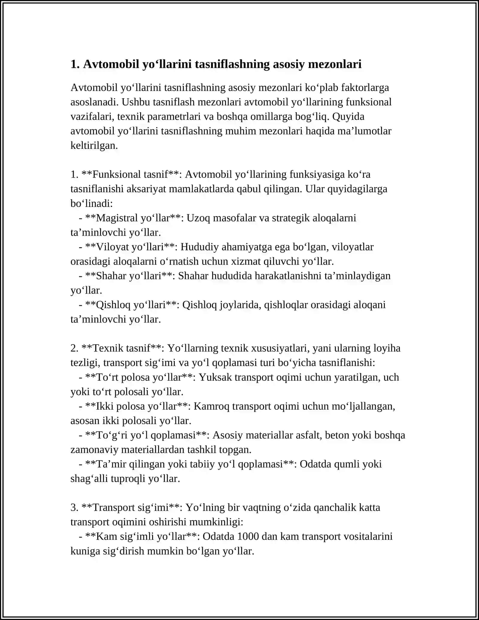 AVTOMOBIL YO‘LLARI: TASNIFLASH, TA’MIRLASH, XIZMAT KO‘RSATISH, FOYDALANISH 3