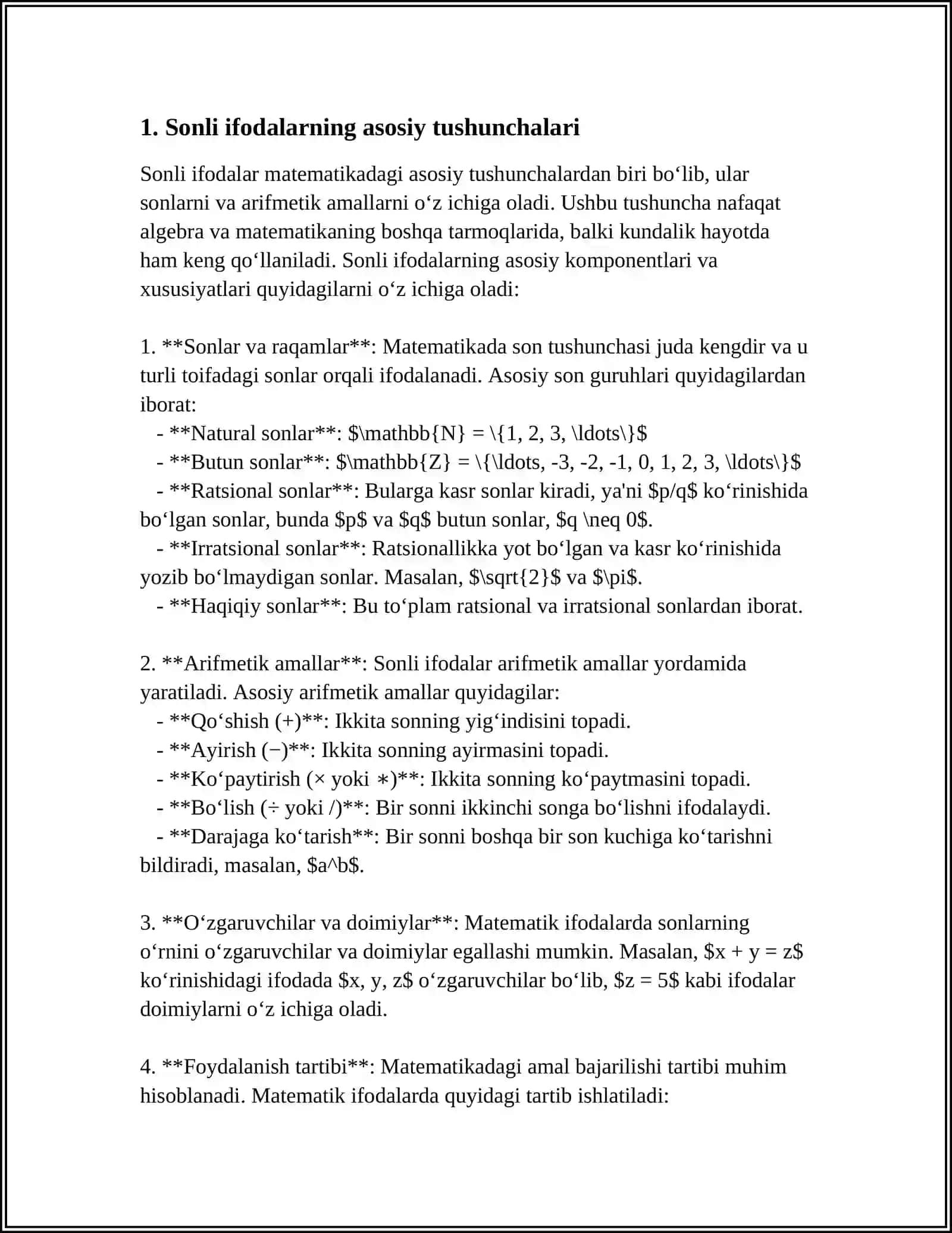 SONLI VA HARFIY IFODALAR.MATEMATIK MASALALAR VA TENGLAMALAR 3