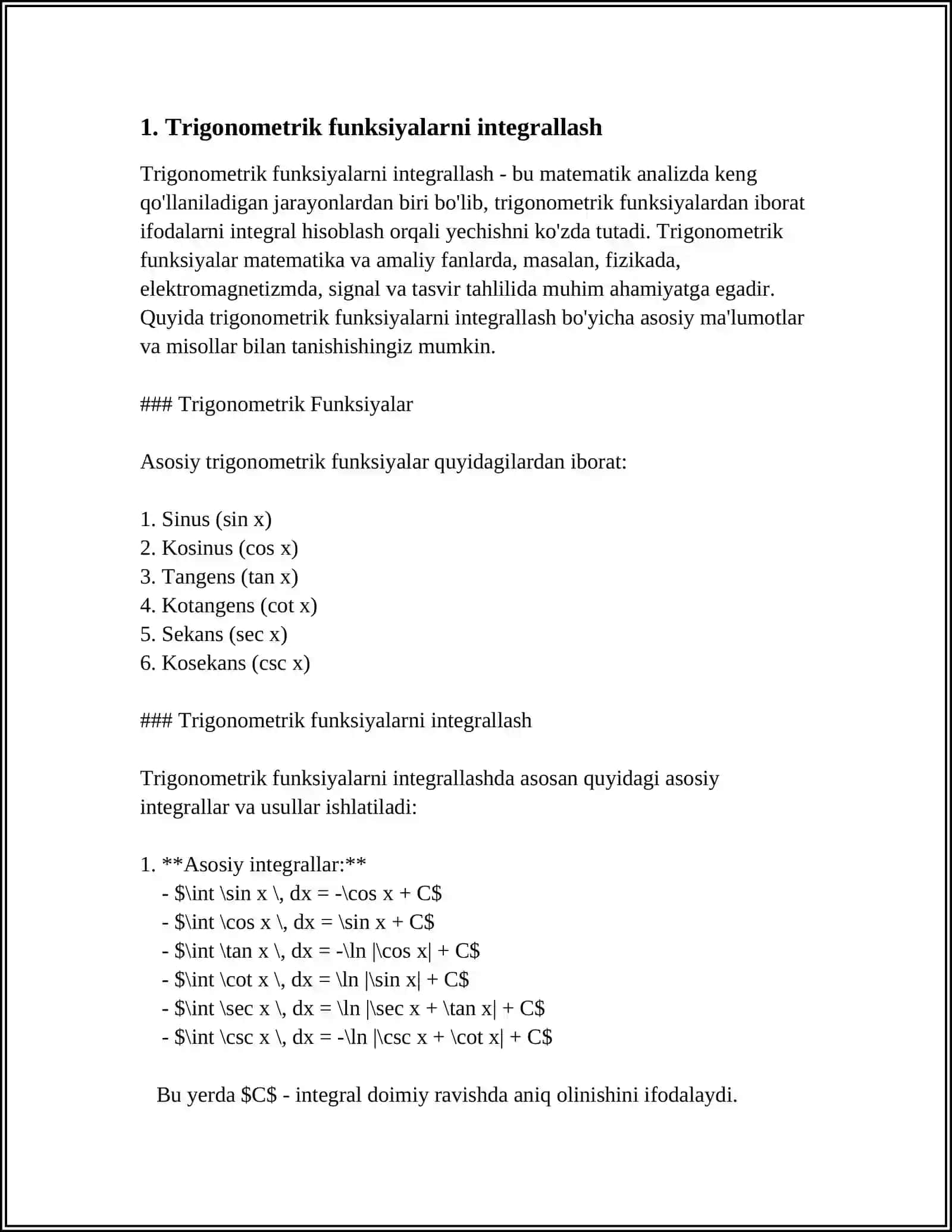 TRIGONOMETRIK VA BAZI IRRATSIONAL FUNKSIYALARNI INTEGRALLASH 3