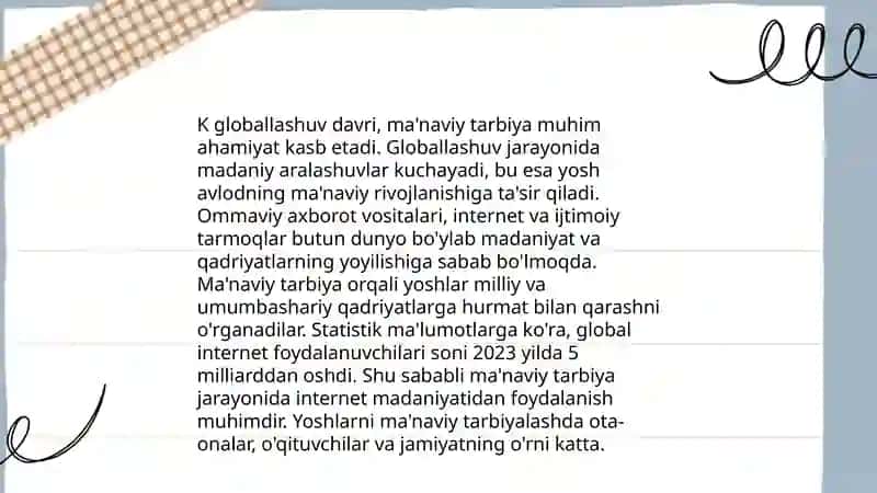 Globallashuv davri maʼnaviy tarbiyasining oʻziga xosligi 3