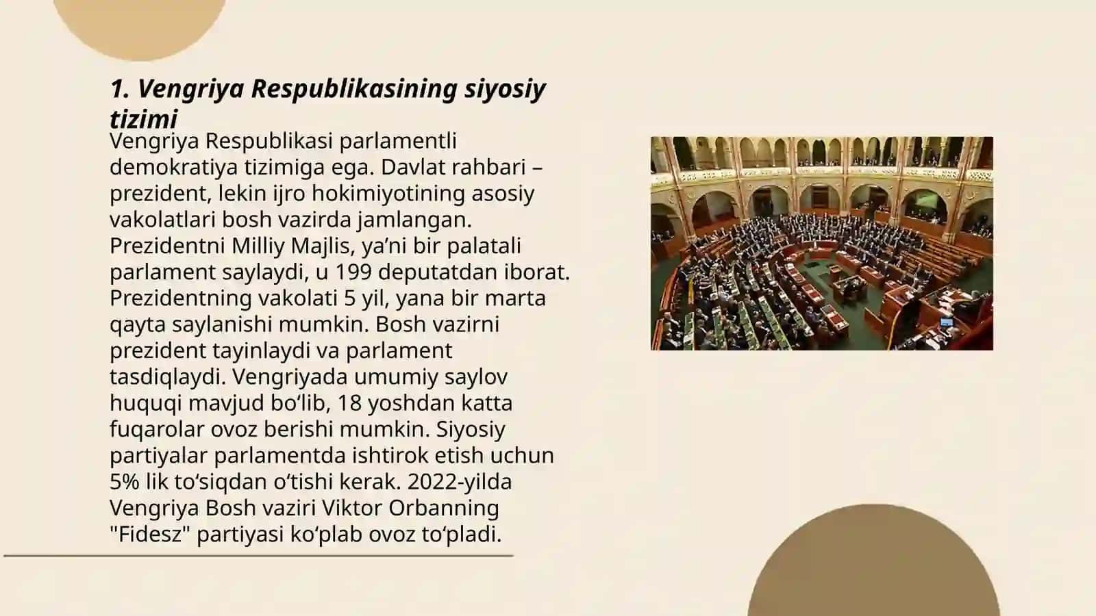 Vengriya Respublikasi siyosiy tizimi,hukumati,davlat boshqaruvi,konstitutsiyasi, federal tizimi, siyosiy madaniyati,harbiy salohiyati,va davlat ichki va tashqi muammolari 3