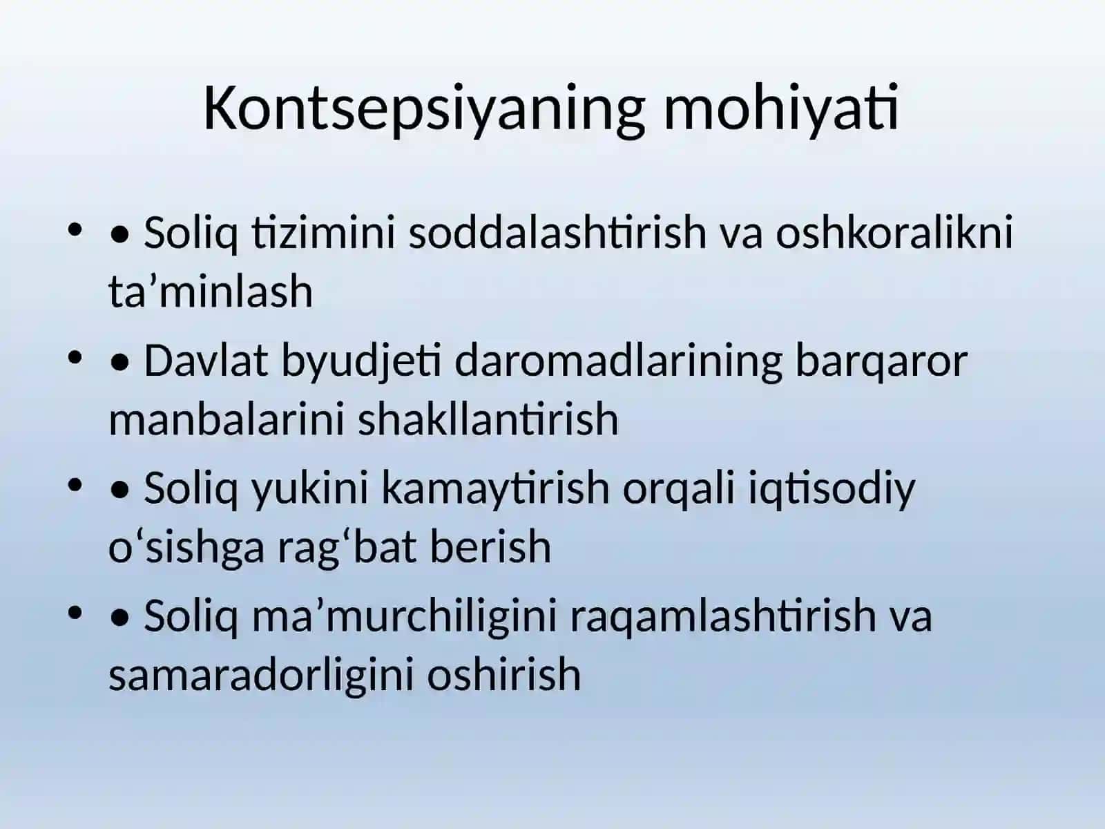 O‘zbekiston Respublikasi soliq siyosatini takomillashtirish kontseptsiyasimazmun-mohiyativaustuvoryo‘nalishlari 3