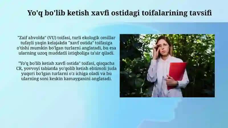 Yo'q bo'lib ketish xavfi toifalarini qizil kitob asosida tahlil qilish 3