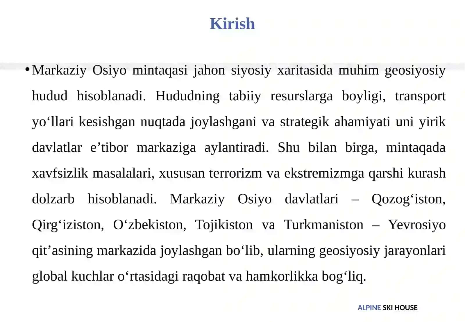 Markaziy Osiyodagi geosiyosiy jarayonlar. Markaziy Osiyoning tabiiy-geografik, transport-kommunikatsion imkoniyatlari 3