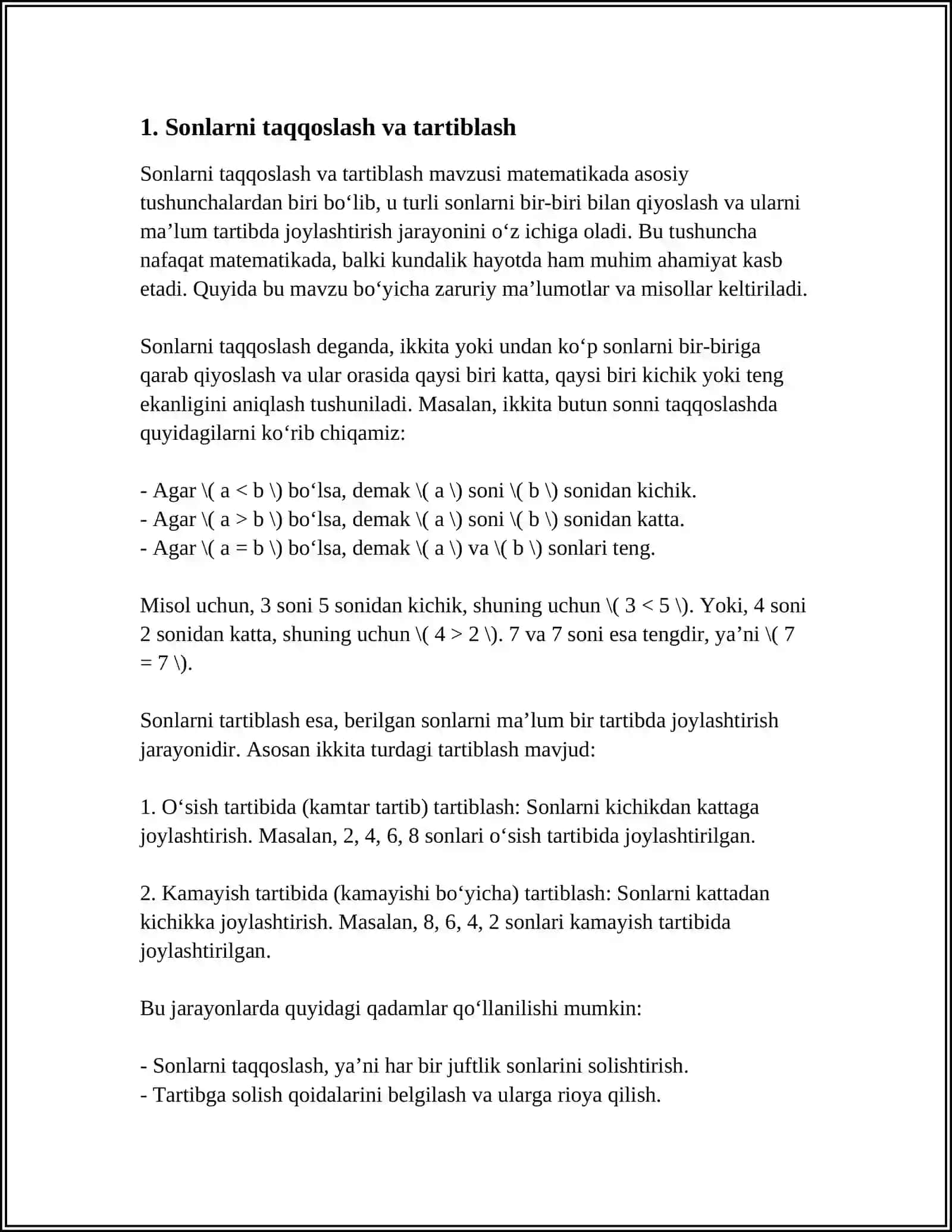 MATEMATIKADAN QISQA,O‘RTA VA UZOQ MUDDATLI DARS REJALAR(BOSHLANG‘ICH SINFLAR MISOLIDA) 3