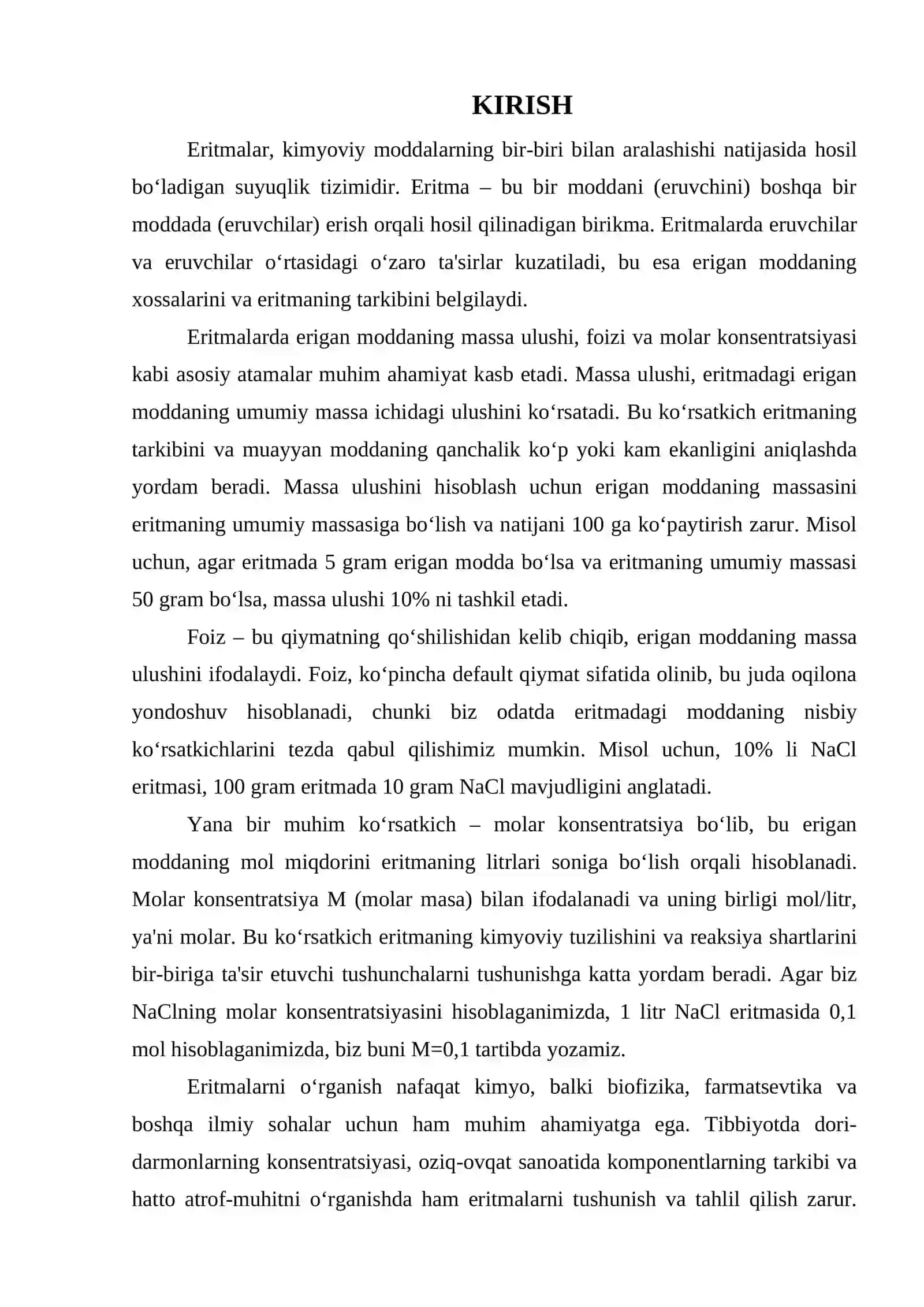 ERITMALAR. ERITMADA ERIGAN MODDANING MASSA ULUSHI, FOIZ, MOLAR KONSENTRATSIYASI. 7 - SINF 3