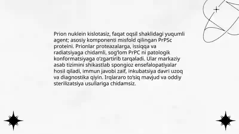 Prionlar haqida tushuncha, kelib chiqishi prion kasalliklari, amaliyotda ahamiyati. Oziq muhitlar, xromogen oziqli muhitlar, identifikasiyda qo‘llanilishi. Tuymurodov Maruf 3