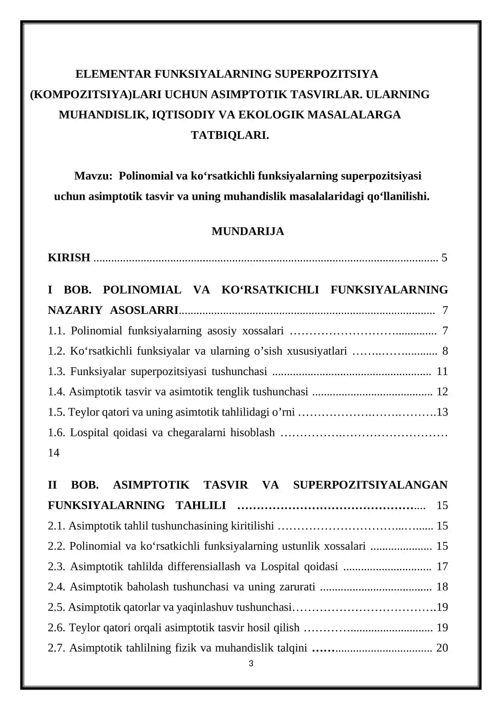 Polinomial va ko’rsatkichli funksiyalarning superpozitsiyasi uchun asimptotik tasvir va uning muhandislik masalalaridagi qo’llanilishi 3