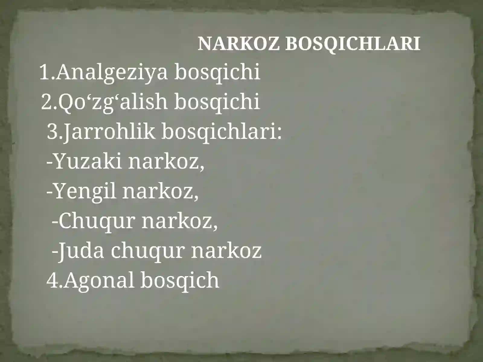 Narkoz vositalari. Etil spirti. Uxlatuvchi vositalar. Alkogolizm va uning asoratlari 3