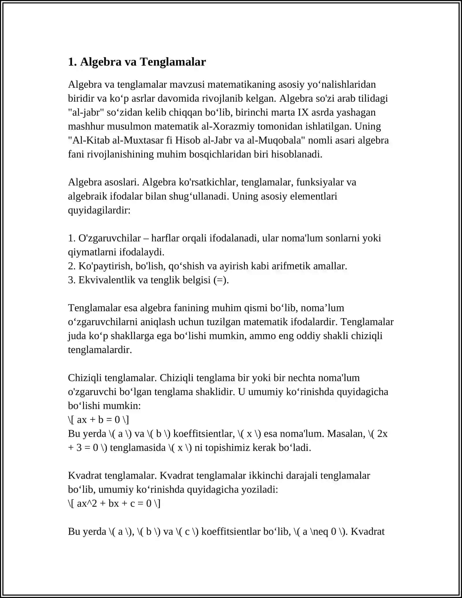 MATEMATIKADAN TOʻGARAKLAR, OʻN MINUTLIKLAR,KONKURS, BELLASHUVLAR, VA MASHGʻULOTLARNI TAYYORLASH VA OʻTJAZISH METODIKASI 3