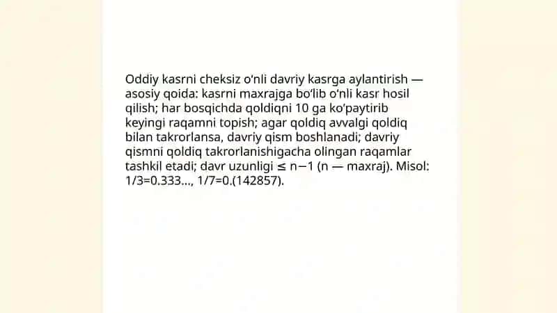 Oddiy kasrni cheksiz davriy kasrga aylantirish 3