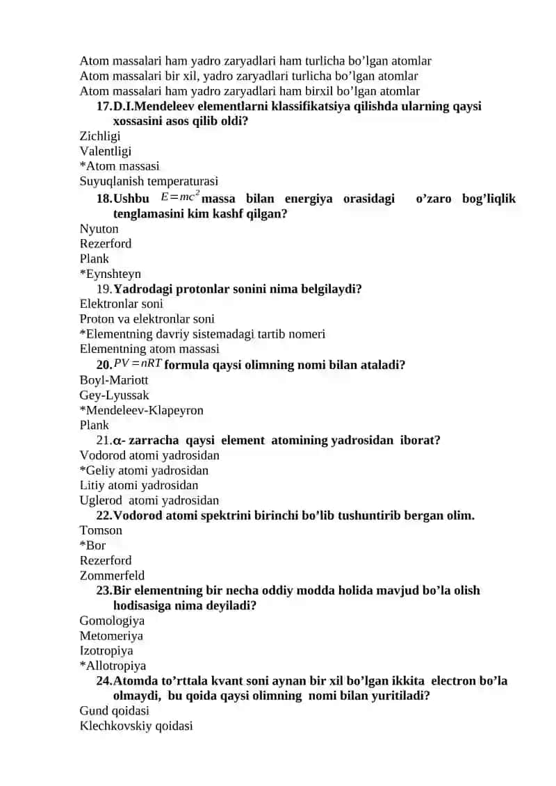 Anorganik kimyo fanidan test savollari 3