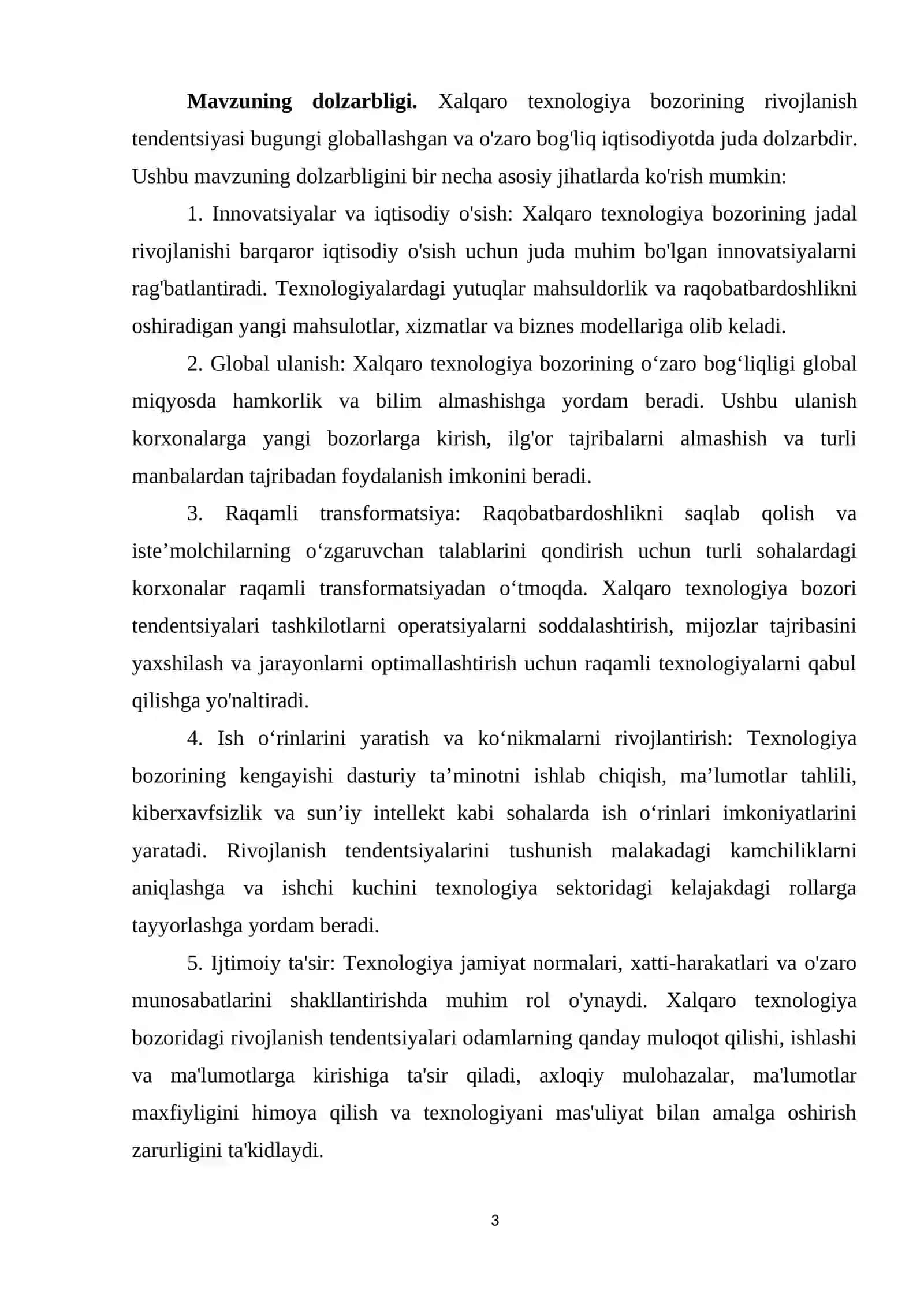 Kurs Ishi: Xalqaro texnologiya bozorining rivojlanish tendensiyasi 3
