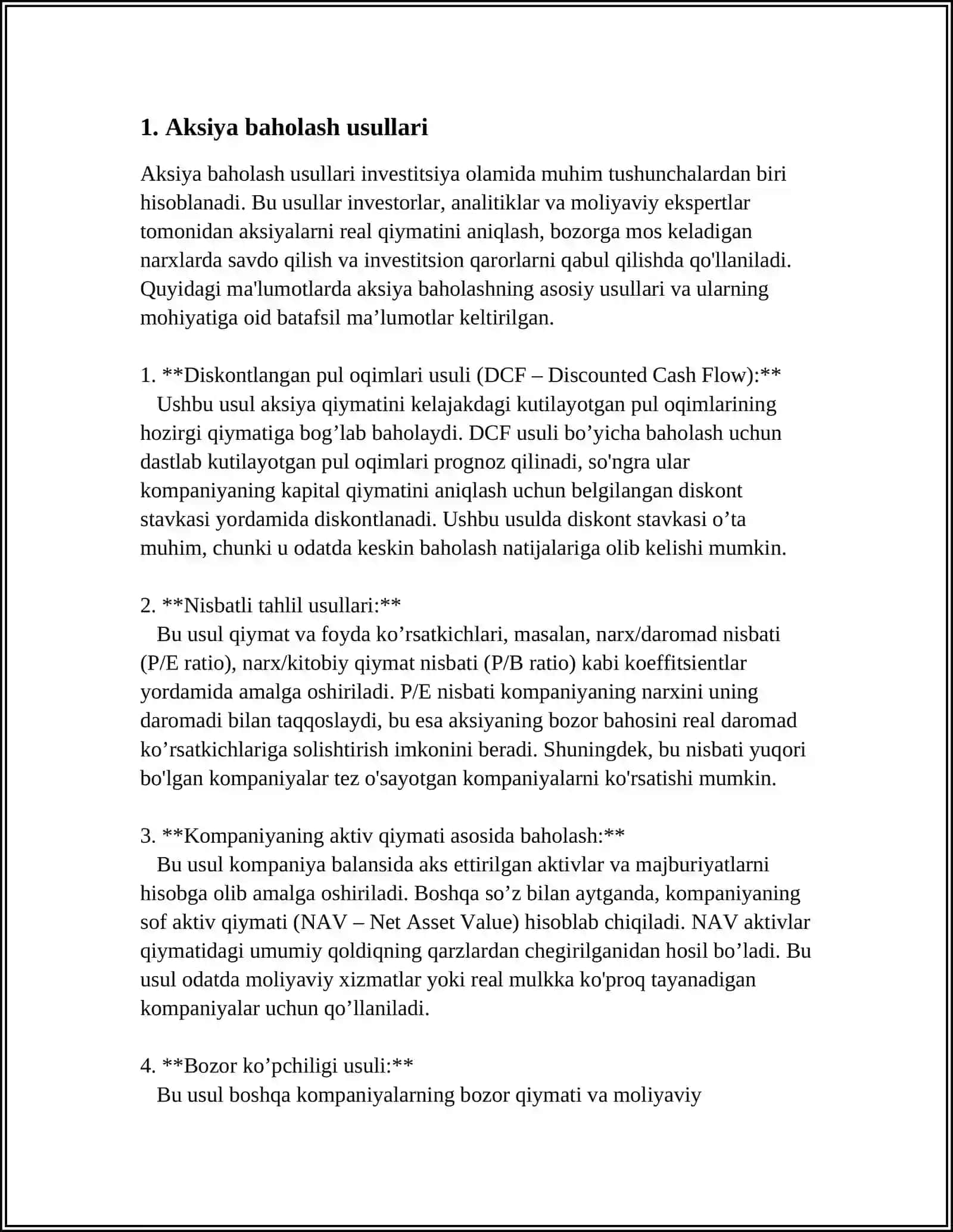 AKSIYA-BAHOLANISHI VA XUSUSIYATLARI KAPITAL BAHOSI 3