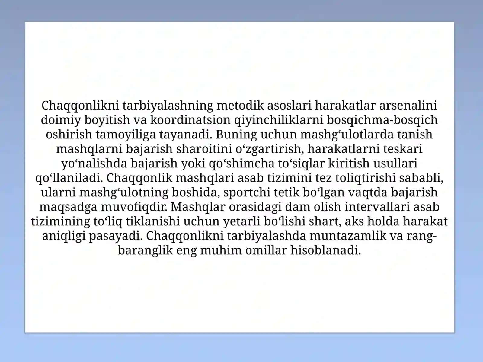 CHAQQONLIKNI TARBIYALASH METODIKASINING ASOSLARI. XUSUSIY (CHAQQONLIKKA NISBATAN) SIFATLAR VA ULARNI TARBIYALASH METODIKASI 3