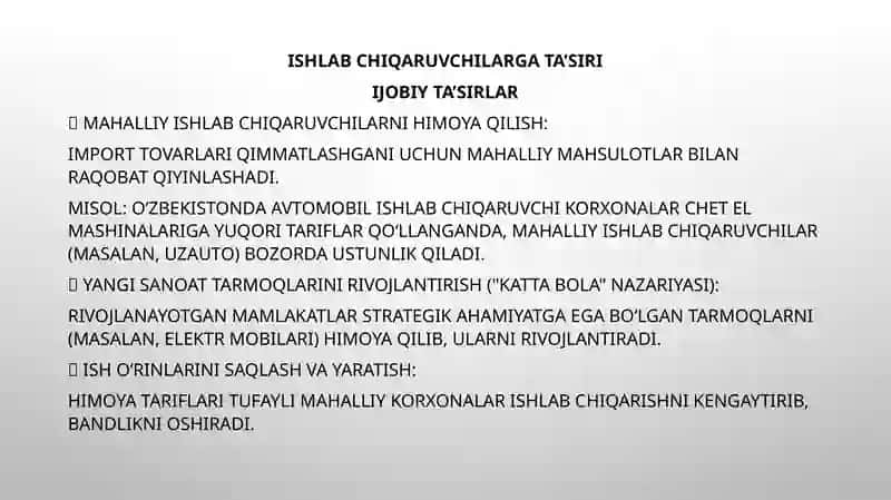 Bojxona tariflarining ishlab chiqaruvchi-larga, iste’molchilarga va mamlakat aholisi turmush darajasiga ta’siri 3